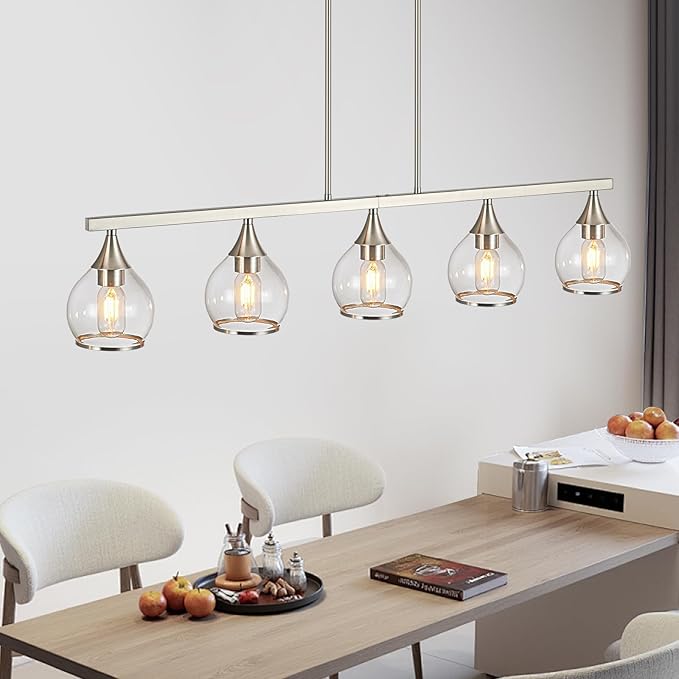 Island Light for Kitchen, 5-Light Brushed Nickel Kitchen Island Linear Hanging Pendant Chandeliers, Brushed Nickel Dining Room Light Fixture Over Table with Clear Round Glass Shades