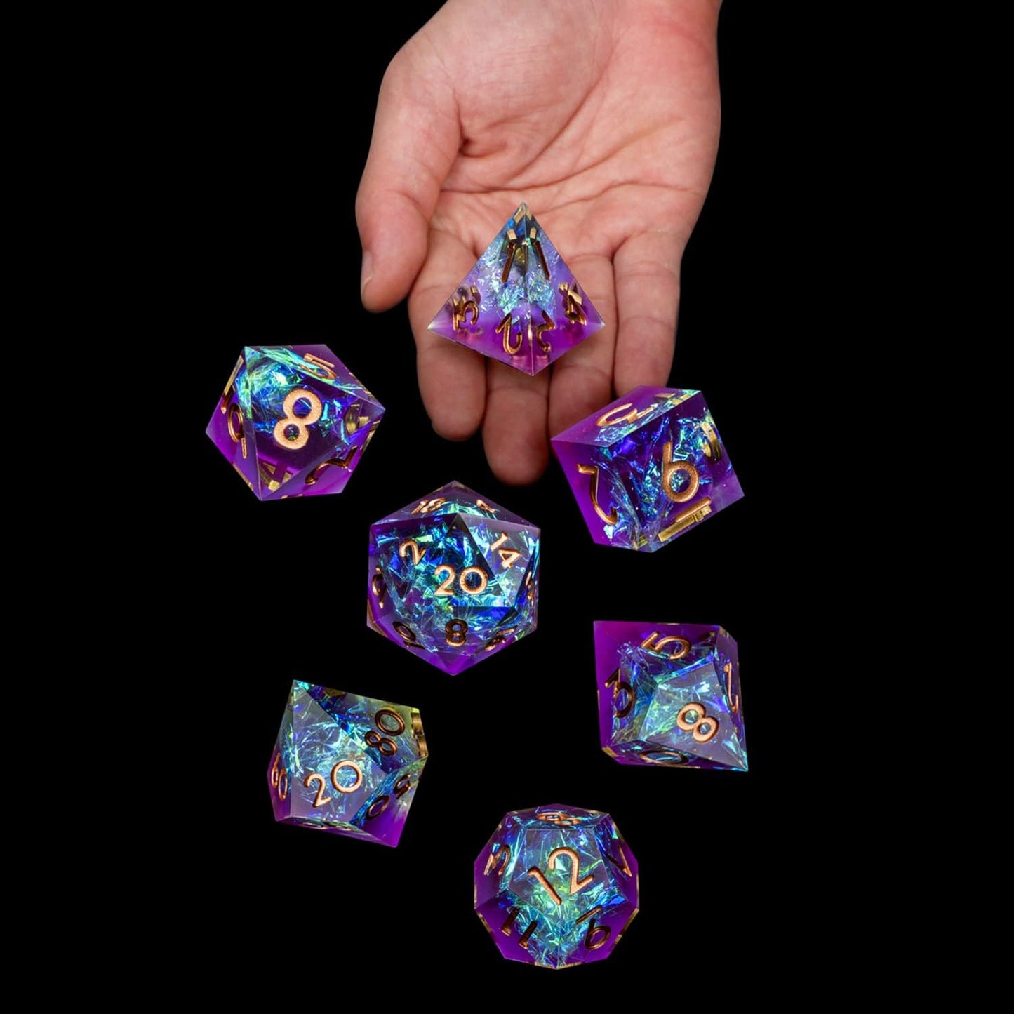ARUOHHA DND Resin Dice Set 7Pcs Handmade Glitter Inclusions Sharp Edge Dice with Box, Lightning Polyhedral RPG Translucent D and D Dice D20 D12 D10 D8 D6 D4