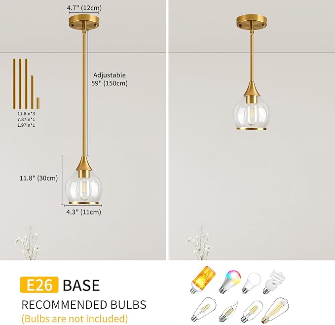 1-Piece Gold Island Light for Kitchen, 1-Light Brushed Gold Hanging Pendant Light with Clear Round Glass Shade for Dining Room,Bedroom