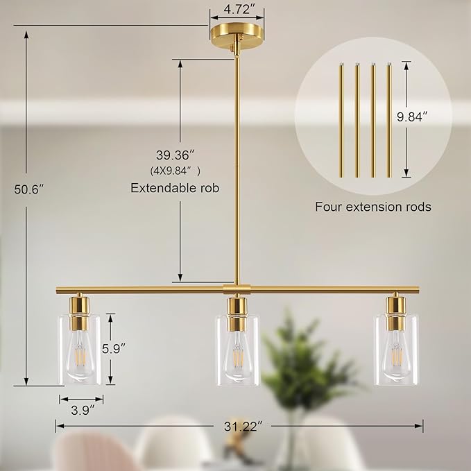 Kitchen Island Lighting, Linear Chandeliers Rectangle Pendant Light Fixtures for Dining Room Farmhouse Hanging Light with Glass Shades (Gold, 3 Lights)