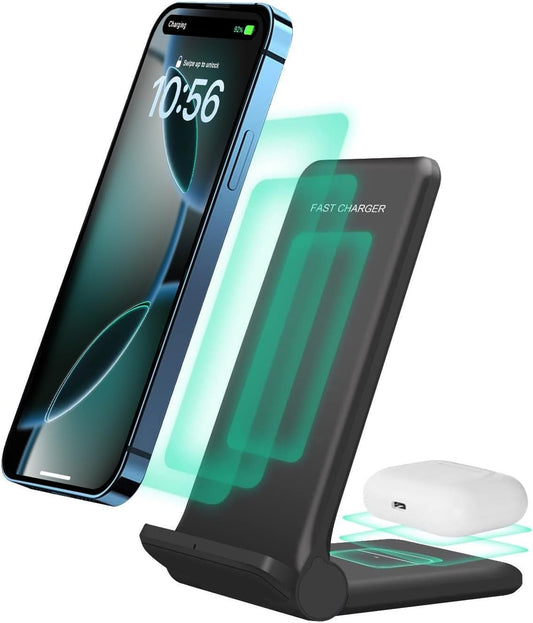 2 in 1 Wireless Charger,Foldable 20W Fast Wireless Charging Stand Compatible with iPhone 16/16 Pro/15/14/13/12/X/AirPods,Dual Phone Induction Charge Station for Samsung,Pixel,Xperia,LG(No Plug)