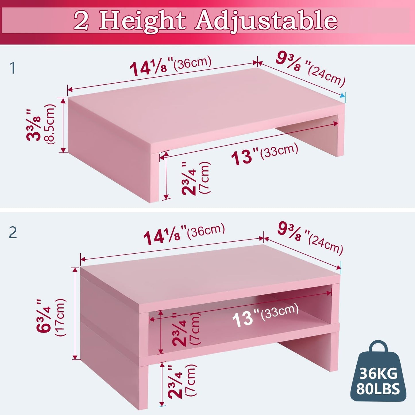 TEAMIX Pink Monitor Stand Riser-2 Pack,Wood 2 Tier Adjustable Monitor Stand Dual Monitor Riser for 2 Monitors/Laptop/PC Computer Stand for Desk