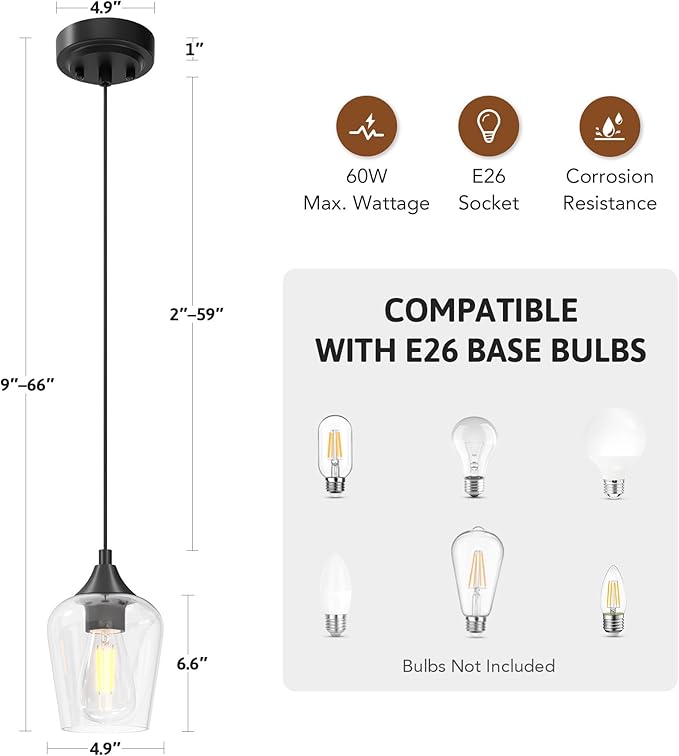 VONLUCE Pendant Light Kitchen Island, Matte Black Pendant Light Fixture with E26 Base & Adjustable Cable, Modern Pendant Lighting with Glass Shade for Living Room Bedroom Hallway