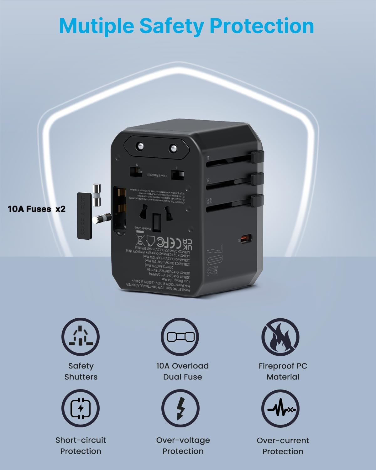 Universal Travel Adapter, VINTAR 70W GaN International Power Adapter with 5 USB Ports (3 USB-C), All-in-one Travel Essentials Plug Adaptor, Travel Adapter Worldwide for UK/EU/USA/AUS, Black