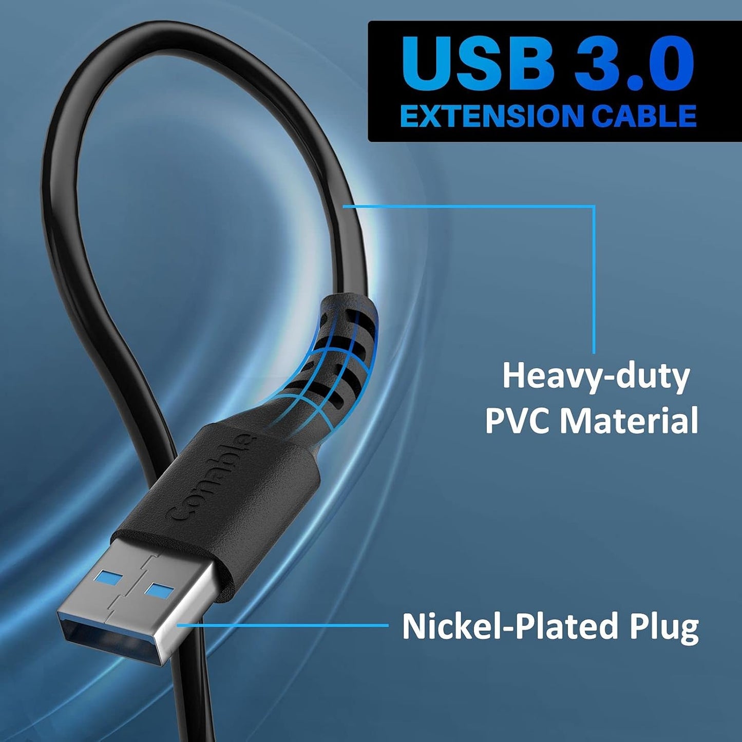 3 Pack USB 3.0 Extension Cable 15 Feet, USB A Male to Female Extender Cord, 5Gbps Data Transfer for Webcam, Printer, Keyboard, Mouse, Flash Drive, Hard Drive, Controller, Black Cable with 5 Cable Ties