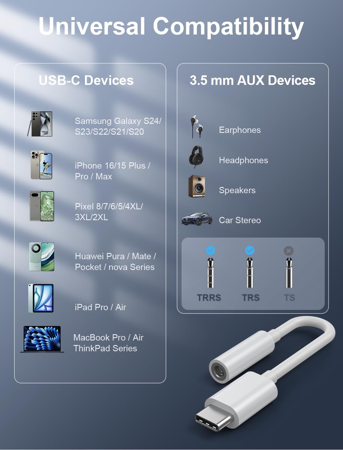 USB-C to 3.5mm Audio Headphone Adapter - HiFi 100 Pack Compatible with Apple iPhone 16 15 Samsung Galaxy S25 S24 S23 S22 S21 Plus Pro Max Ultra Pixel iPad - Type C to Aux Cord Jack Dongle Adapter