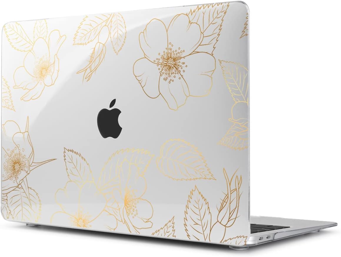 Teryeefi Compatible with 2018 2019 2020 MacBook Air 13 inch Case M1 Chip A2337 A2179 A1932 Retina Display Touch ID, Plastic Hard Shell & Keyboard Cover & Screen Protector,Gold Floral Leaf