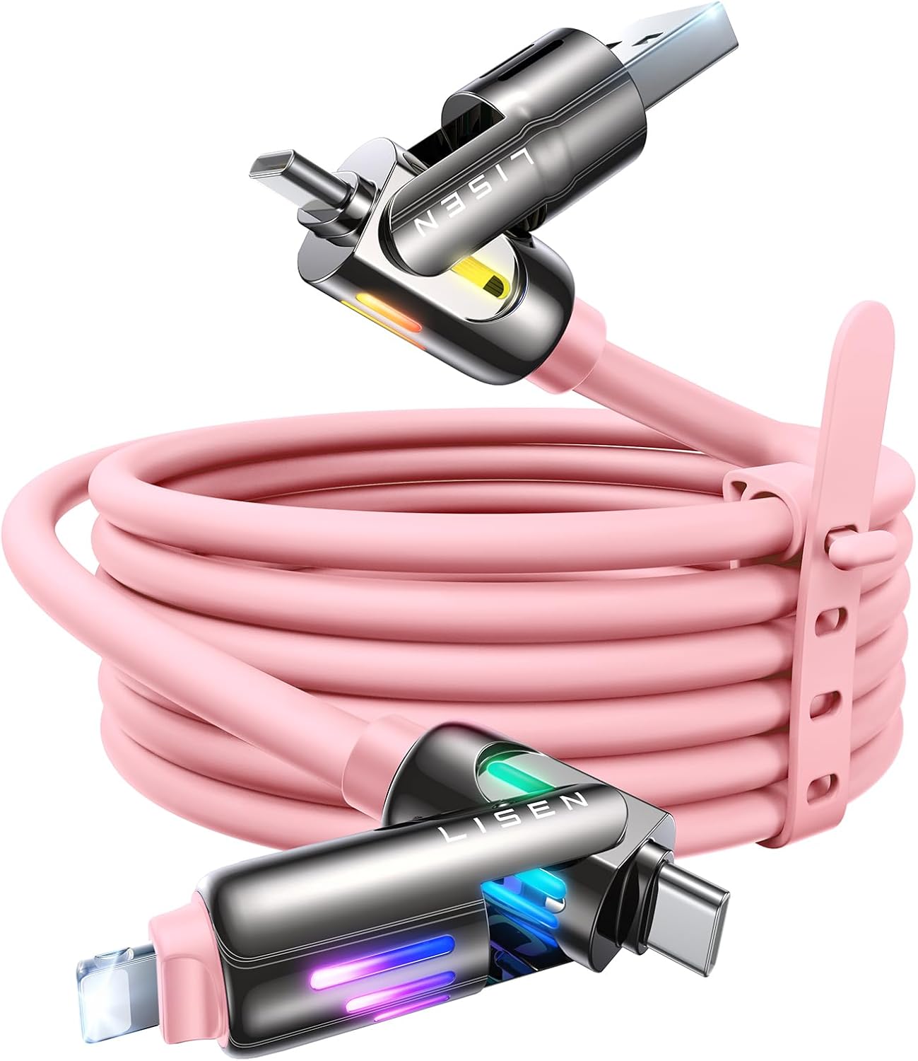 LISEN Pink iPhone Charger Cable, 240W Chubby USB C, 4 in 1 Charging Cable (6.6FT) with Light, USB A/C to C/L Multi Charging for iPhone 16 15 14 Pro Max/MacBook/iPad Pro/Samsung, Pink Accessories