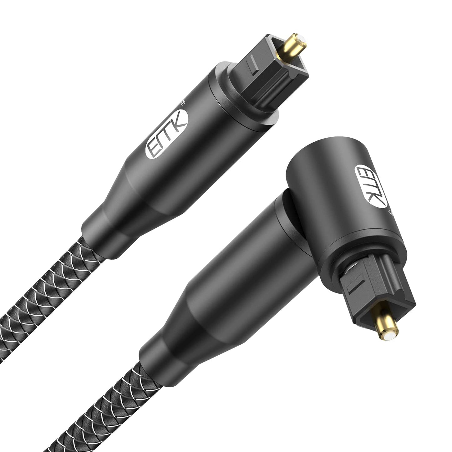 EMK 90 Degree Right Angle Optical Audio Cable [8ft/2.4M] - 360° Rotatable Digital Toslink SPDIF Cable for Soundbar to TV, Home Theater - Black Fiber Optic Cable with Angled Connector