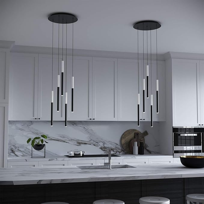 ALTAIR 5 Mini Pendant Lighting White-Black - LED Hanging Light Fixture for Kitchen Island, Bar, Foyer - Cluster Pendants - Dimmable, Adjustable Wire, Lamp Bulb Included