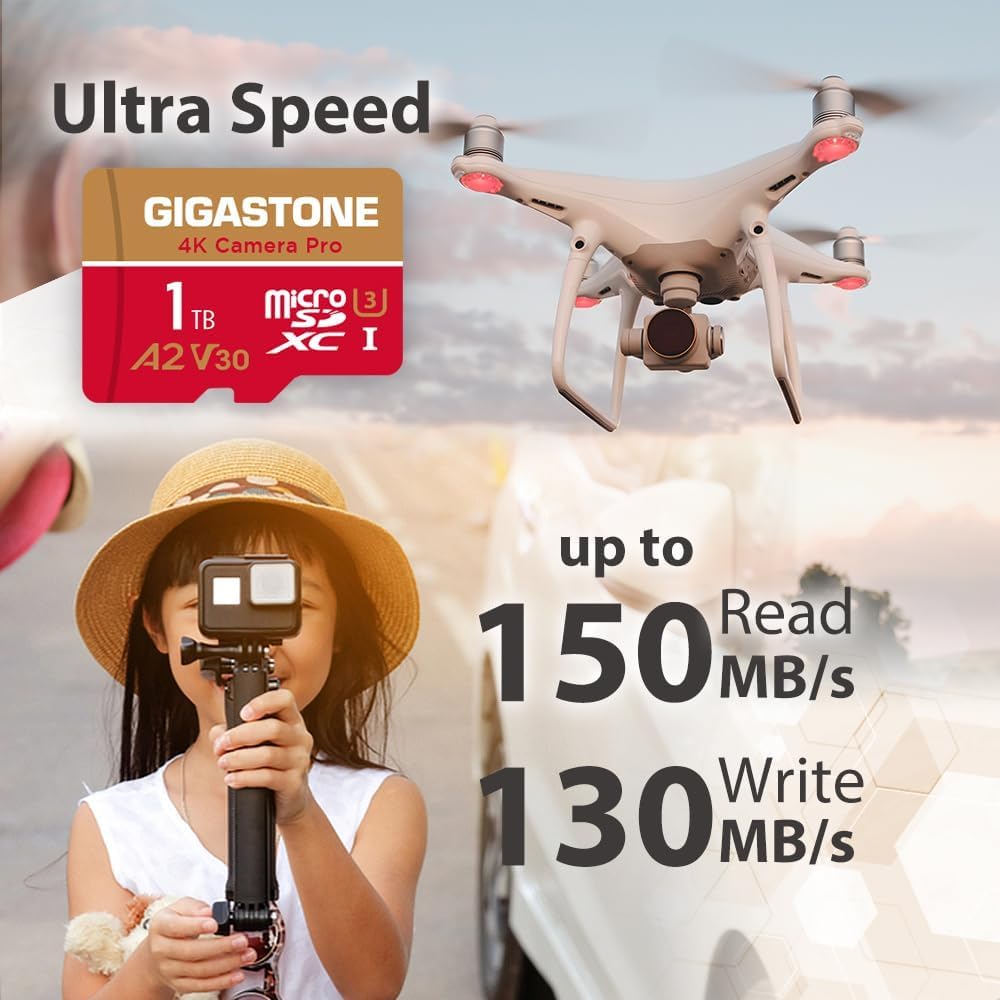 [5-Yrs Free Data Recovery] GIGASTONE 1TB Micro SD Card 4-Pack, 4K Camera Pro, R/W up to 150/130 MB/s, 4K Video Recording for GoPro, DJI, Drone, MicroSDXC Memory Card UHS-I U3 A2 V30, with Adapter