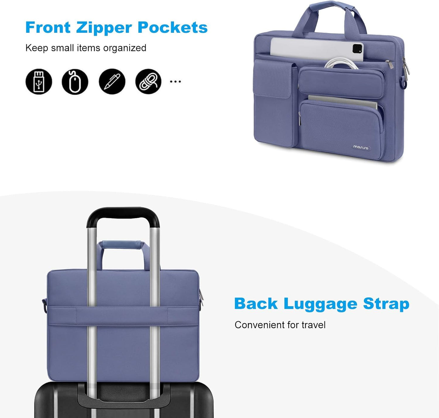 MOSISO Laptop Shoulder Bag, Computer Bag with 2 Raised&1 Flapover&1 Horizontal Pocket&Handle&Belt