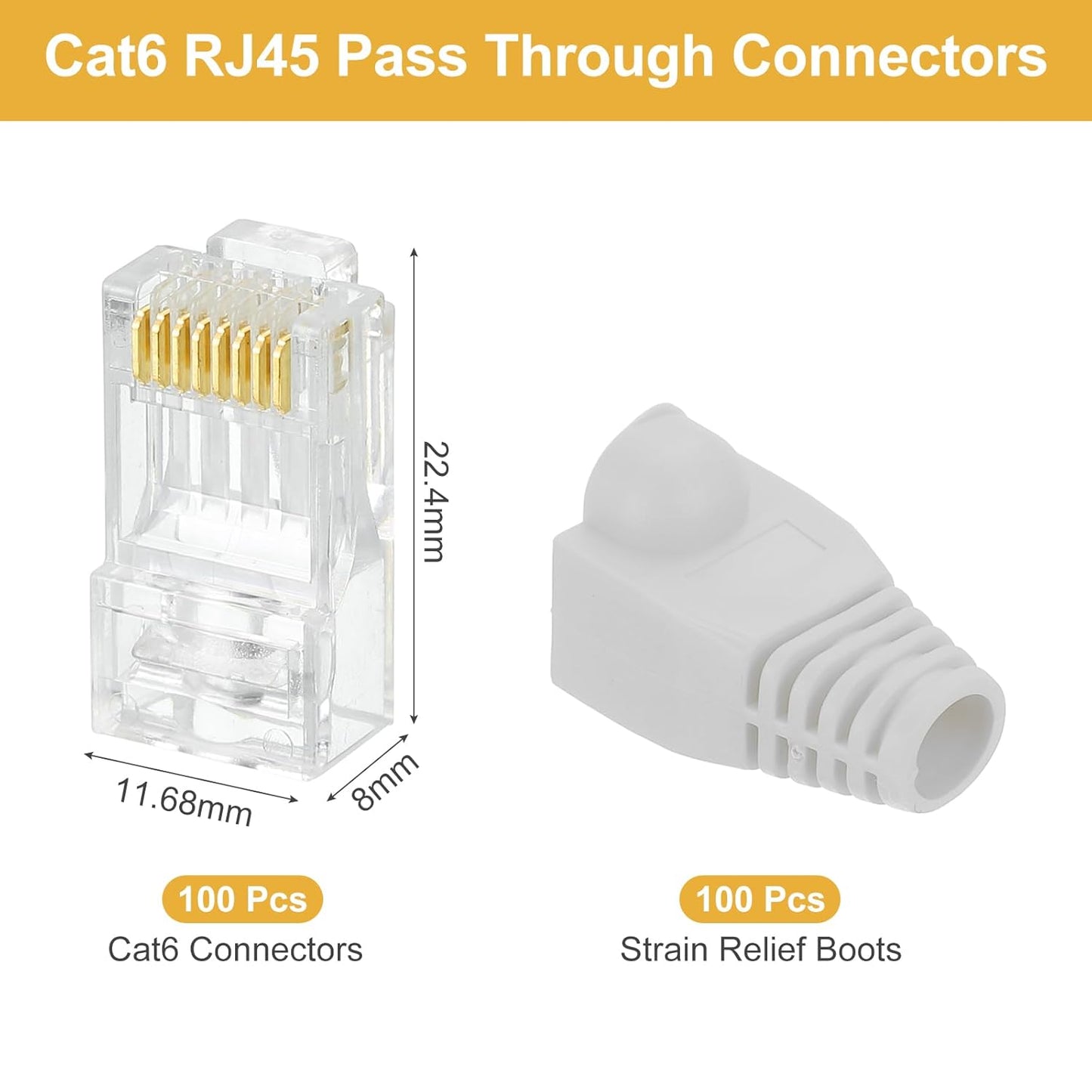 MECCANIXITY 100pcs Cat6 RJ45 Pass Through Connectors, RJ45 Connector 8P8C Gold Plated Plugs with 100pcs Light Grey Strain Relief Boots for Solid or Stranded UTP Ethernet Cable, 1.1mm
