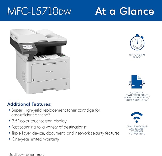 Brother MFC-L5710DW Business Monochrome Laser All-in-One Printer with Wireless Networking and Duplex Print, Scan, and Copy, Works with Alexa
