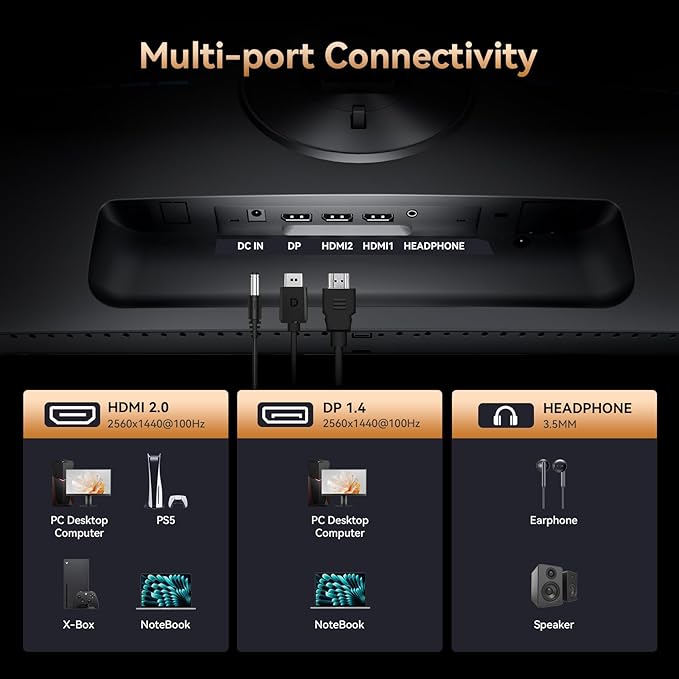 27 Inch Computer Monitor - Fast IPS 2K QHD 2560 x 1440p Desktop Monitor 100Hz 16:9 Display HDMI 2.0 & DP1.4 FreeSync 100% sRGB TÜV Eye Care PC Gaming Screen Support Vesa Height/Tilt/Swivel/Pivot