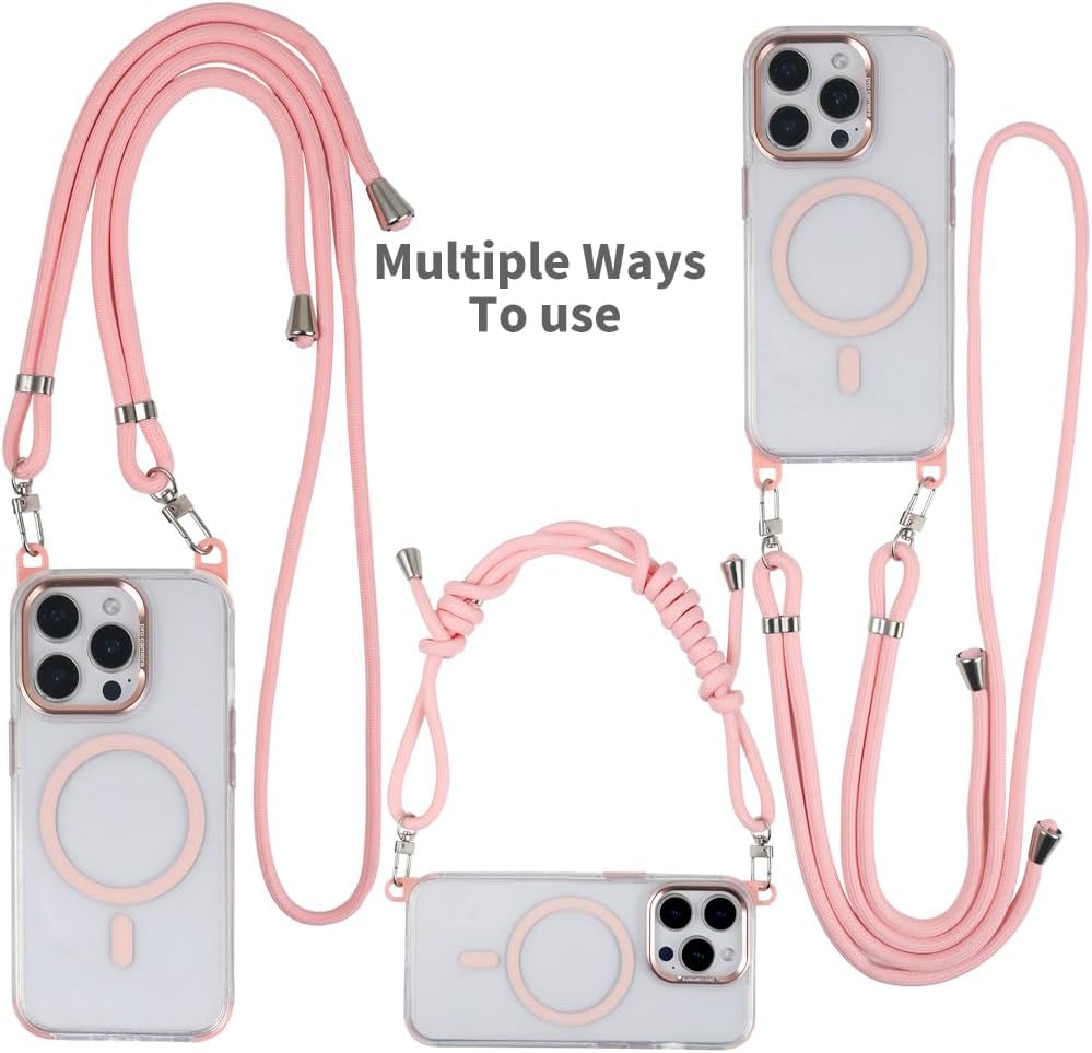 for iPhone 14 Pro Case with 62.99 inch Lanyard, Classic Clear&Pink Magnetic Phone Case, Drop&Shockproof Protection Cases, Phone Lanyard for Around The Neck, Compatible with Magnet Accessory