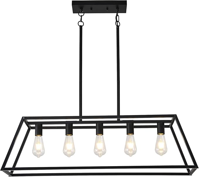 Farmhouse Rectangle Chandeliers for Dining Rooms, Modern Linear Hanging Light Fixture Matte Black 5-Light Industrial Pendant Lighting for Kitchen Island