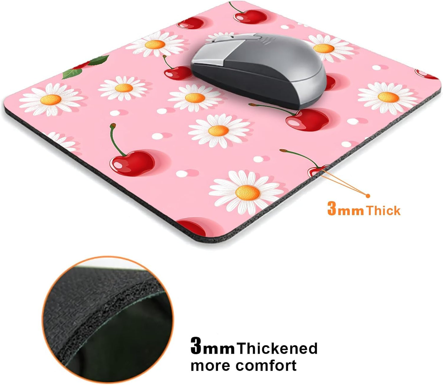 Pink Daisy Cherry Mouse Pads for Desk, Portable Wireless Computer Mouse pad Small Design with Women, Non-Slip Rubber Base Laptop Mousepad 9.5" x 7.9" Smooth Surface for Office & Travel