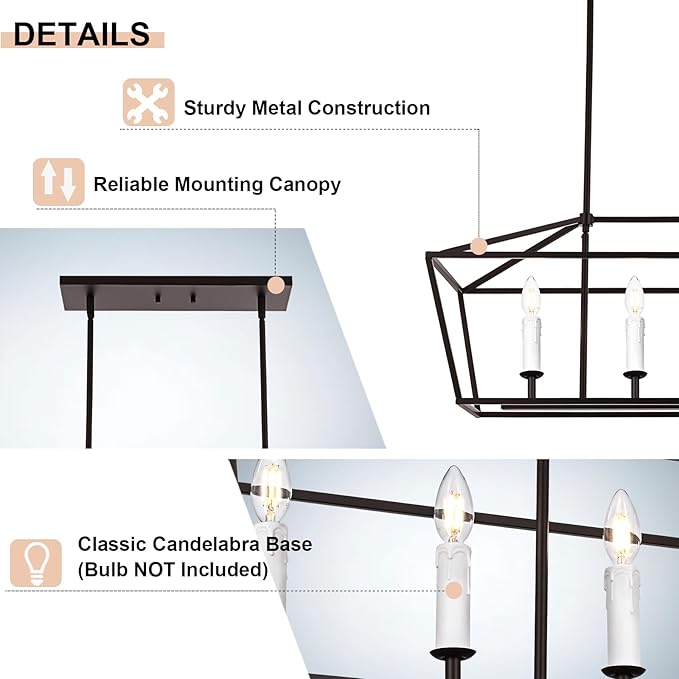 4-Light Kitchen Island Pendant Lighting Fixture, Farmhouse Dining Room Chandelier Over Table, Oil Rubbed Bronze & E12 Bulb Base