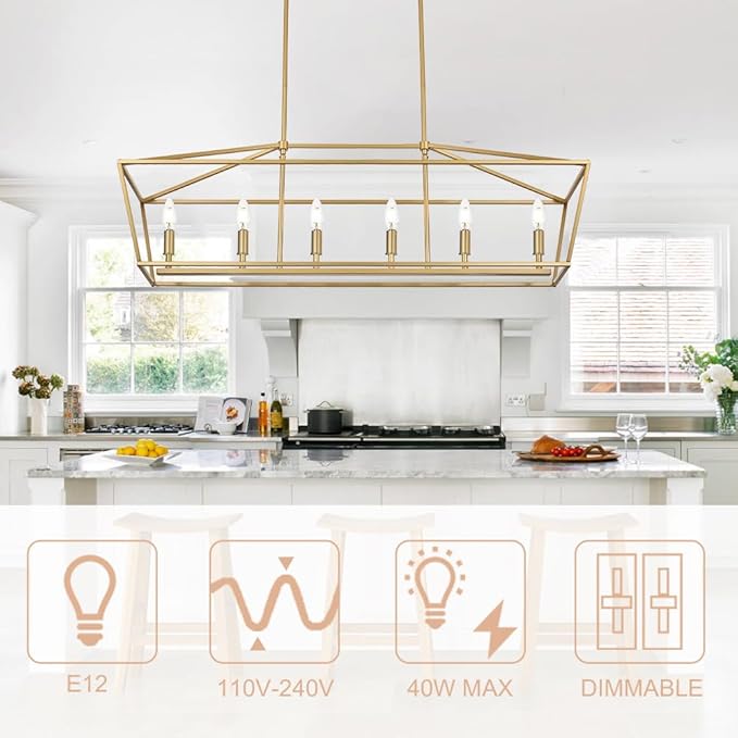 6-Light Kitchen Island Lighting, Gold Linear Chandelier Dining Room Over Table, Rectangle Pendant Light Fixtures Golden Finish for Living Room