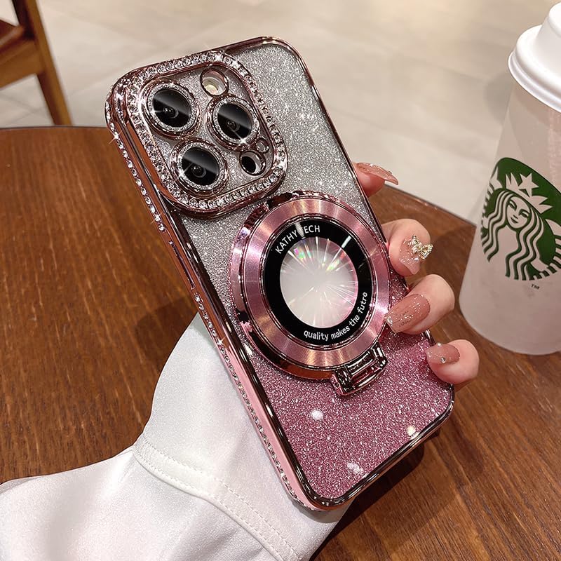 Magnetic Kickstand (Glitter Lens Protector ) Case for iPhone 15 14 13 12 Pro Max (Compatible with Magsafe ) Sparkling Diamond Cover Glitter Shiny Rhinestone Cases (Pink,for iPhone 12 Pro Max)