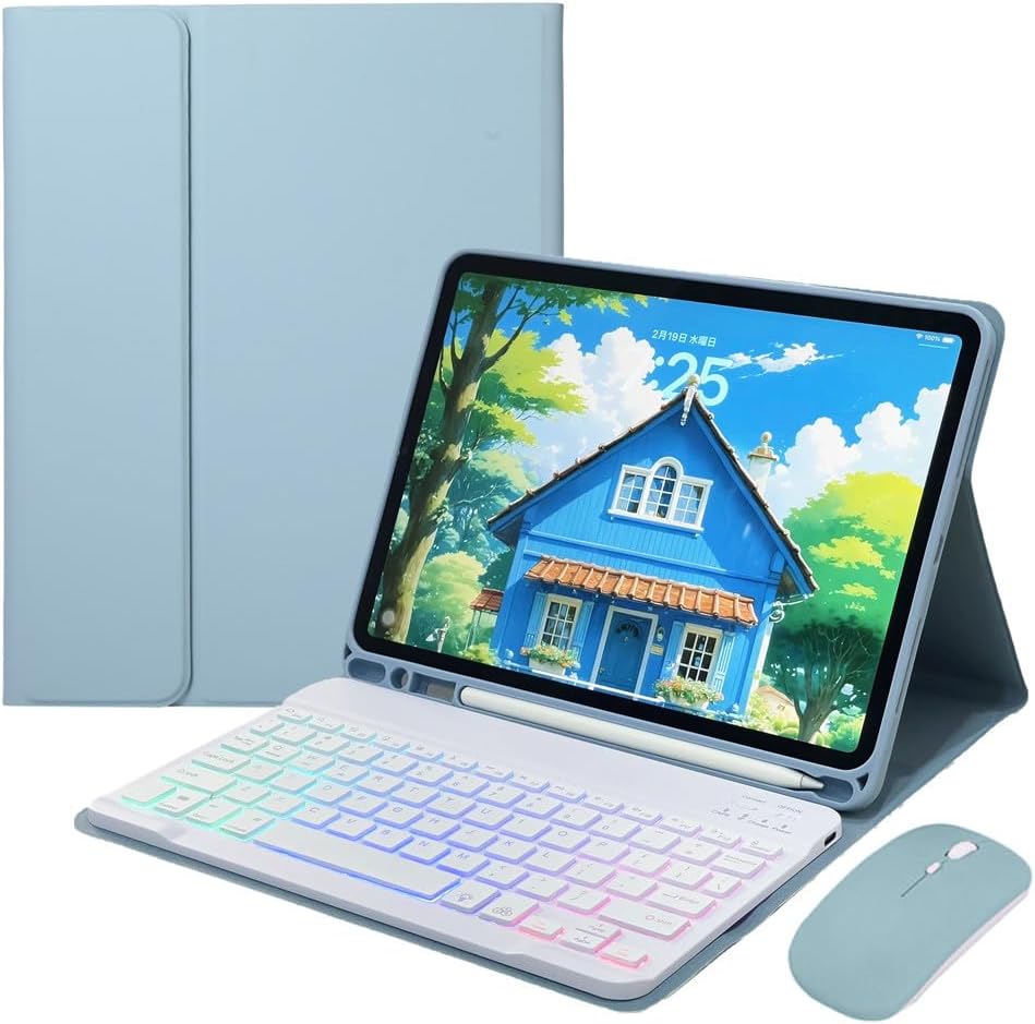 Rainbow Backlit Keyboard Case for iPad 9th / 8th / 7th Generation 10.2"/iPad Pro 10.5"/iPad Air 3rd Gen with Mouse and Backlight Detachable Bluetooth Keyboard Cover,Misty Blue