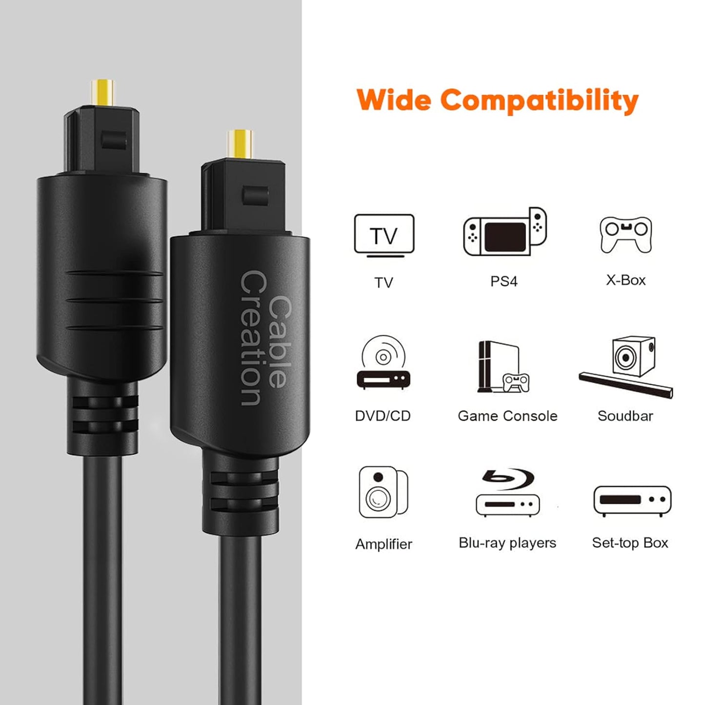 CableCreation 50FT Digital Fiber Optical TosLink Cable Gold Plated for Home Theater, Sound Bar, TV, PS4, Xbox, VD/CD Player,Blu-ray Players,Game Console& More,Black