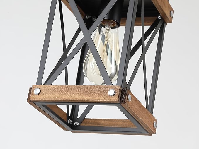 Rustic Farmhouse Wood Pendant Light Fixture One-Light Adjustable Chain Oak Wood and Metal Lantern Cage Small Pendant Lighting for Kitchen Island Sink Hallway Farmhouse Bathroom Bar, Black