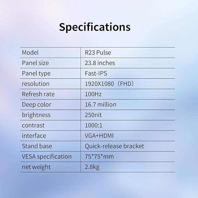 23.8-inch Full HD(1920 x 1080) Gaming Office Monitor,100Hz Fast-IPS Panels Computer Monitor, VESA 75 * 75mm Compatible, 100% sRGB, HDMI & VGA Ports（ R23 Pulse）