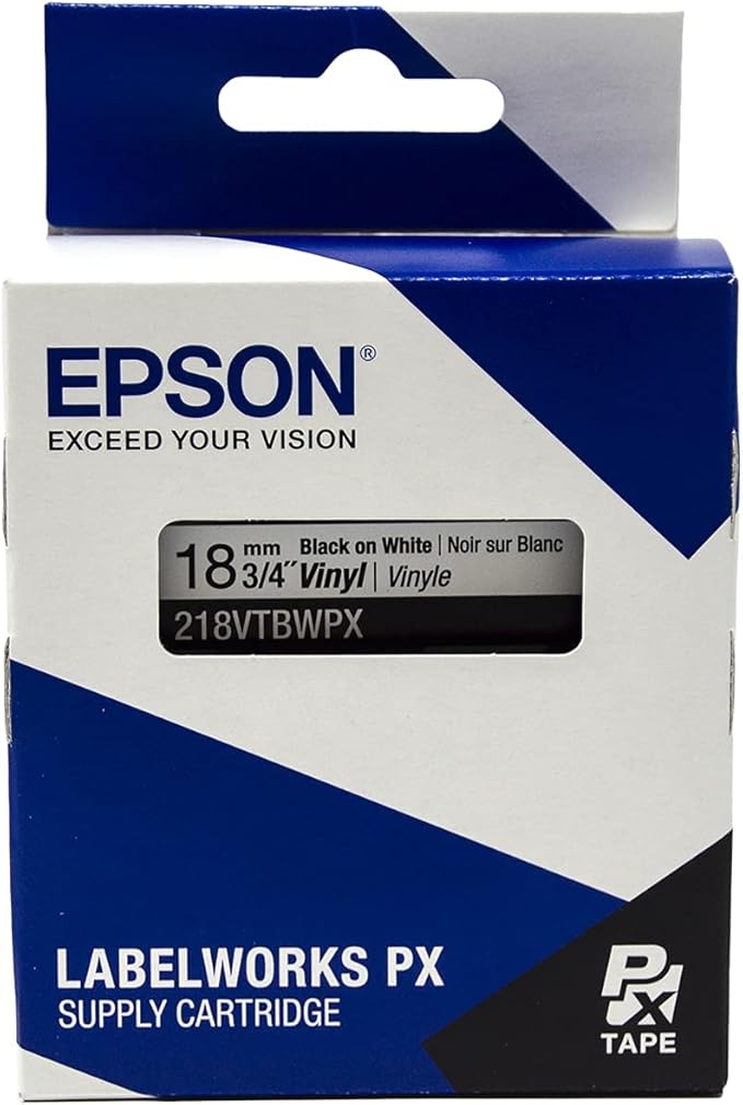 Epson LABELWORKS 218VTBWPX Genuine Tape Cartridge - Black on White Flexible and Durable Vinyl Industrial Label Maker Tape - 3/4" (18MM) Wide, 22.9 ft