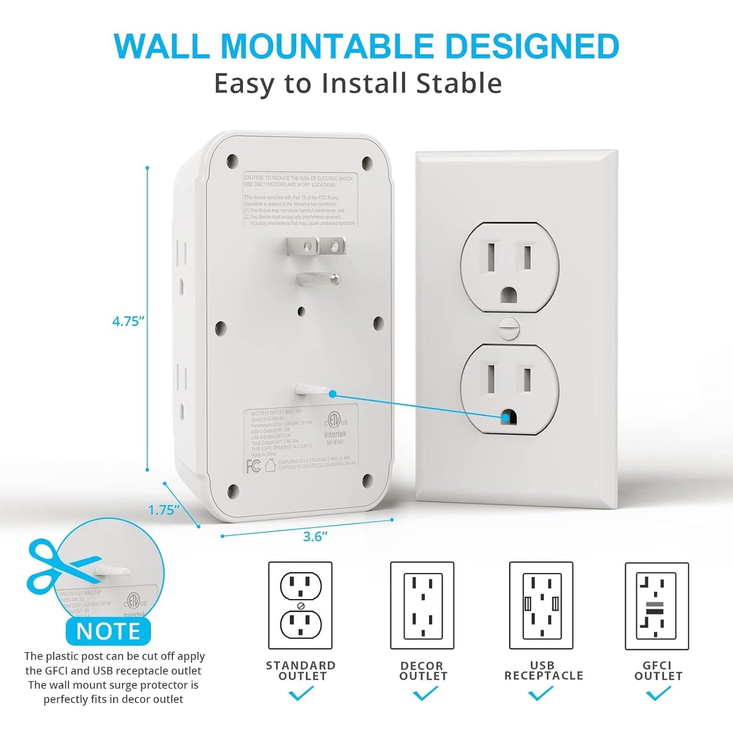 Wall Charger, Surge Protector, 6 Outlet Extender with 3 USB Charging Ports (1 USB C, 3.4A) 900J Wall Mount Power Strip Multi Plug Outlets for Home Travel Office ETL Listed