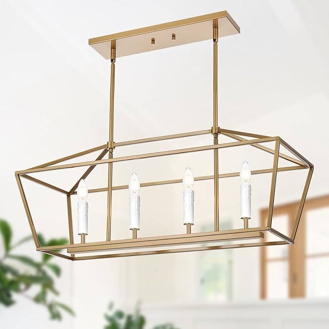 4-Light Gold Kitchen Island Lighting Over Table, Modern Lantern Cage Chandelier Pendant Light Fixture with Height Adjustable, E12 Bulb Base