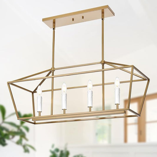 4-Light Gold Kitchen Island Lighting Over Table, Modern Lantern Cage Chandelier Pendant Light Fixture with Height Adjustable, E12 Bulb Base