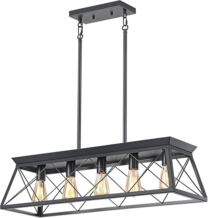HuixuTe 5-Light Farmhouse Pendant Light for Dining Room, Rustic Kitchen Island Lighting, Adjustable Height Chandeliers for Kitchen, Dining Room Table Black