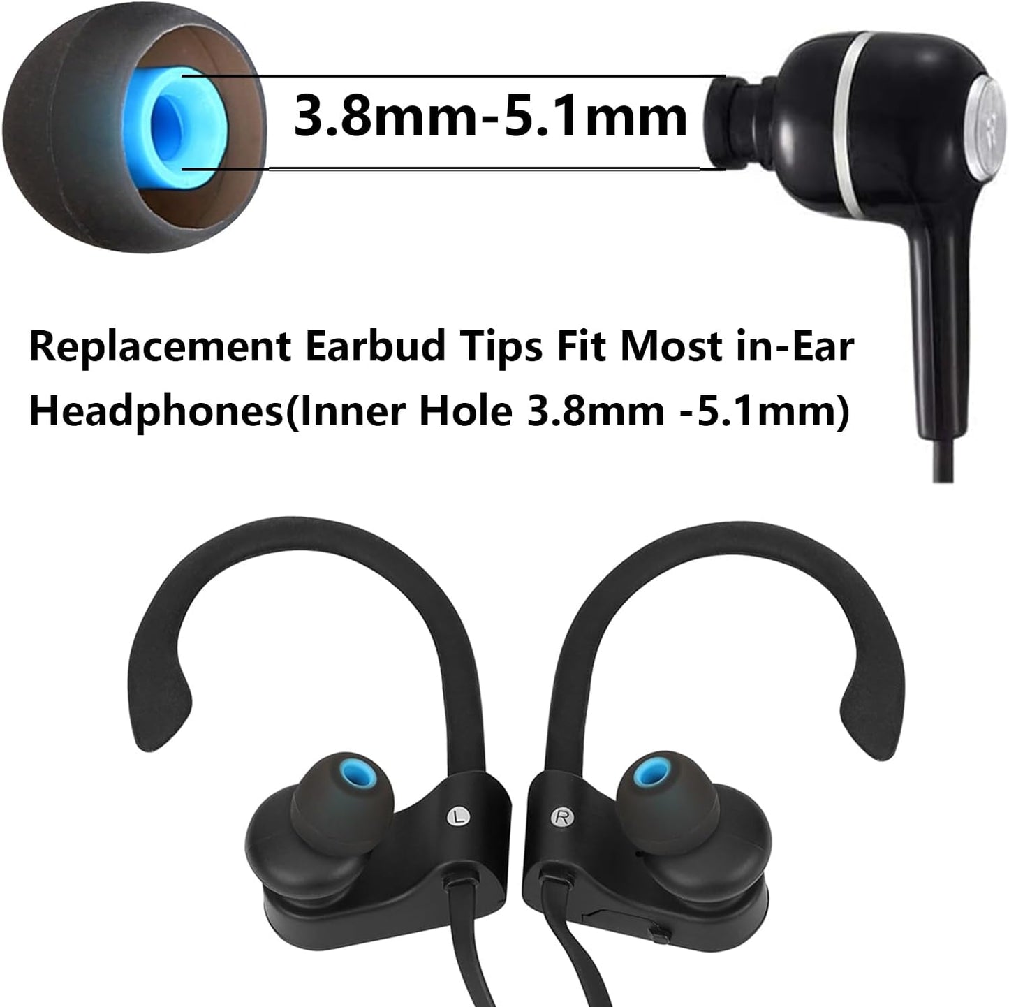 Silicone Replacement Earbud Tips Earbud Covers Fit for in-Ear Headphones (Inner Hole 3.8mm -5.1mm) Earbud Replacement Tips Earbud Rubber Tips 9 Pairs S/M/L