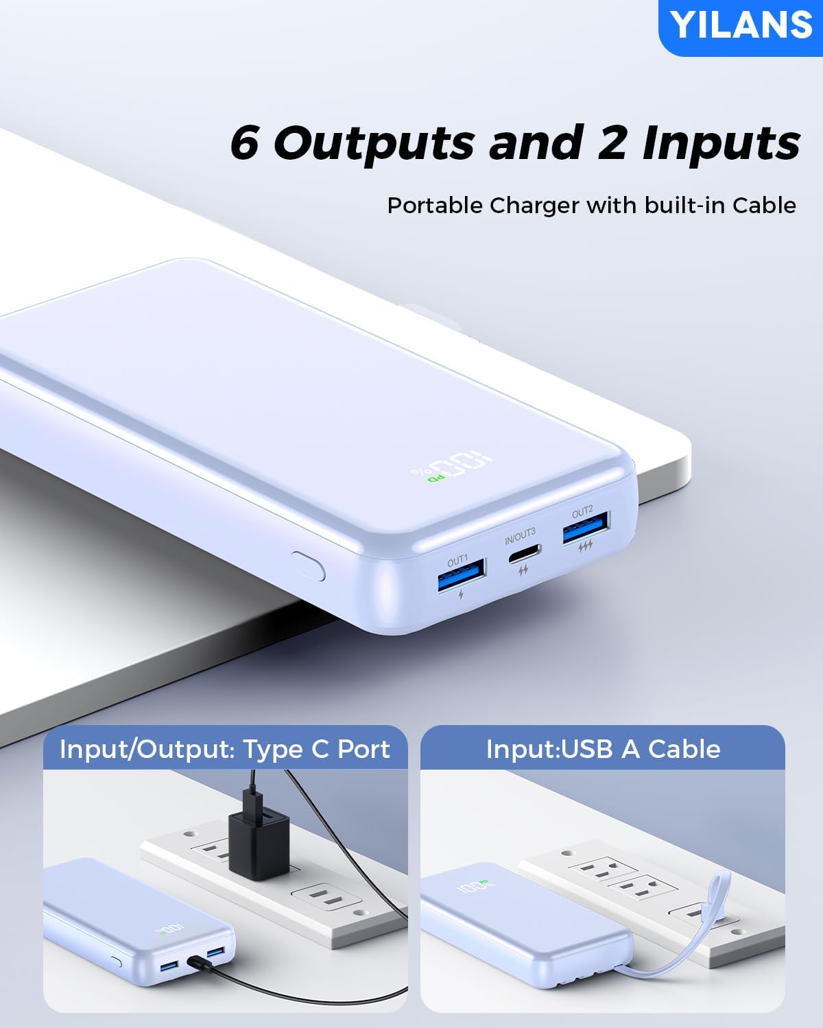 Portable Charger, 42800mAh Power Bank Built-in Cable, 22.5W PD USB C in & Out Fast Charging, External Battery Pack with 6 Output & 2 Input, Travel Phone Charger for iPhone 16/15/14/13/12(Blue)