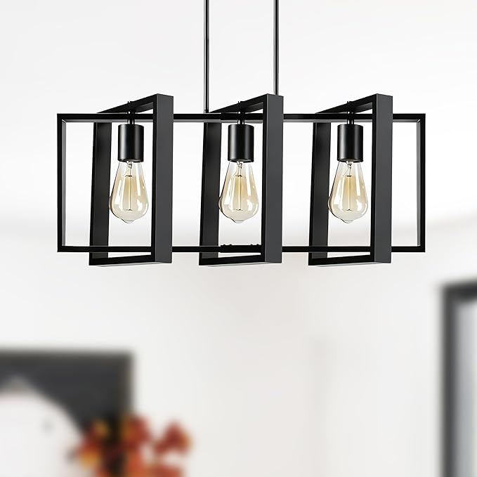 3-Light Island Lights for Kitchen, Rectangular Black Metal Kitchen Island Chandelier 23.6" Adjustable Rustic Modern Dining Room Light Fixtures Over Table, Chandeliers for Dining Room
