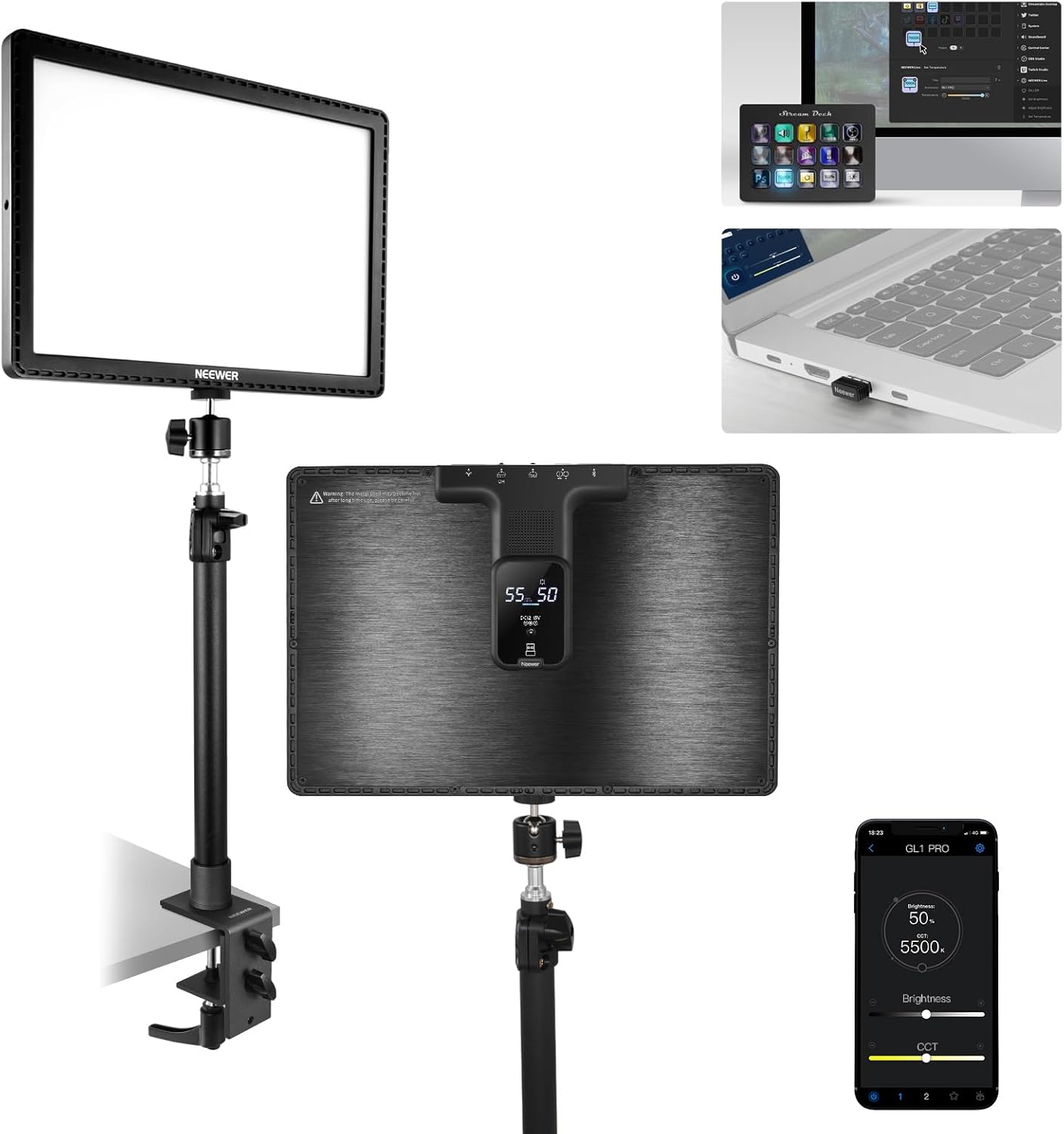 NEEWER 15.5" LED Streaming Key Light, Clamp on Desk Panel Video Lighting for Gaming Recording Zoom Call, CRI97+, 2.4G PC/Mac iOS/Android APP Control, Compatible with Elgato Stream Deck, GL1 PRO Black