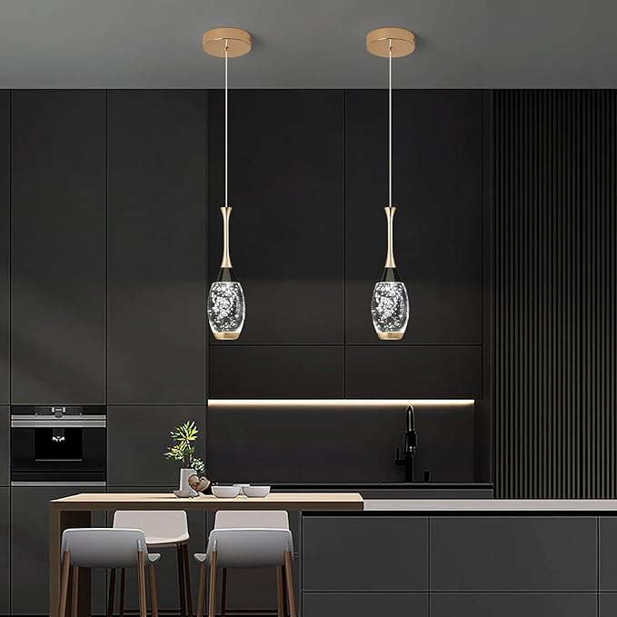 Modern Black Gold Pendant Light Dimmable LED Ceiling Light Fixtures Mini Teardrop Crystal Pendant Lighting for Kitchen Island Bedroom Hallway Entryway (3-Pack， Champagne Gold)
