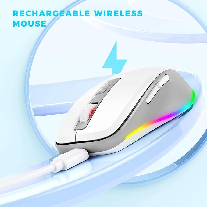 PEIOUS Wireless Mouse Jiggler - LED Wireless Mice with Build-in Mouse Mover, Rechargeable Moving Mouse for Laptop with Undetectable Random Movement Keeps Computers Awake - White & Grey