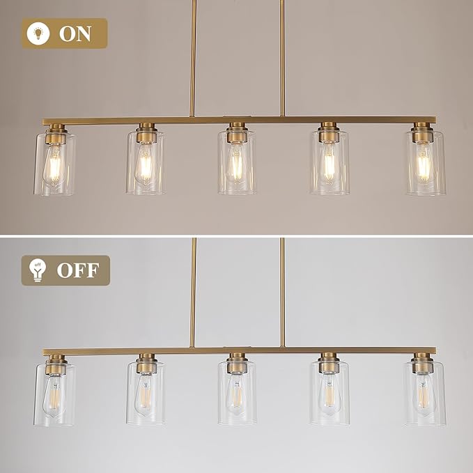 Island Light for Kitchen, Brushed Brass Dining Room Light Fixture Over Table, 5-Light Linear Chandelier Pendant Lighting for Dining Table Kitchen Island Living Room