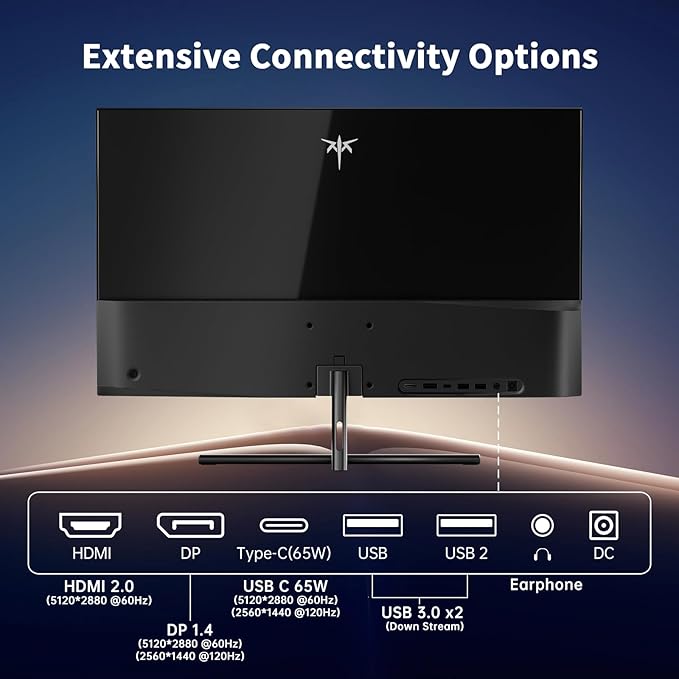 KTC 5K Monitor 27 Inch: Dual Mode 5K (5120x2880) @60Hz / 2K@160Hz Computer Monitor, 99% DCI-P3, 100% sRGB, ΔE＜2, Type-C 65W, HDMI & DP, HDR400, Compatible with Mac mini, H27P3