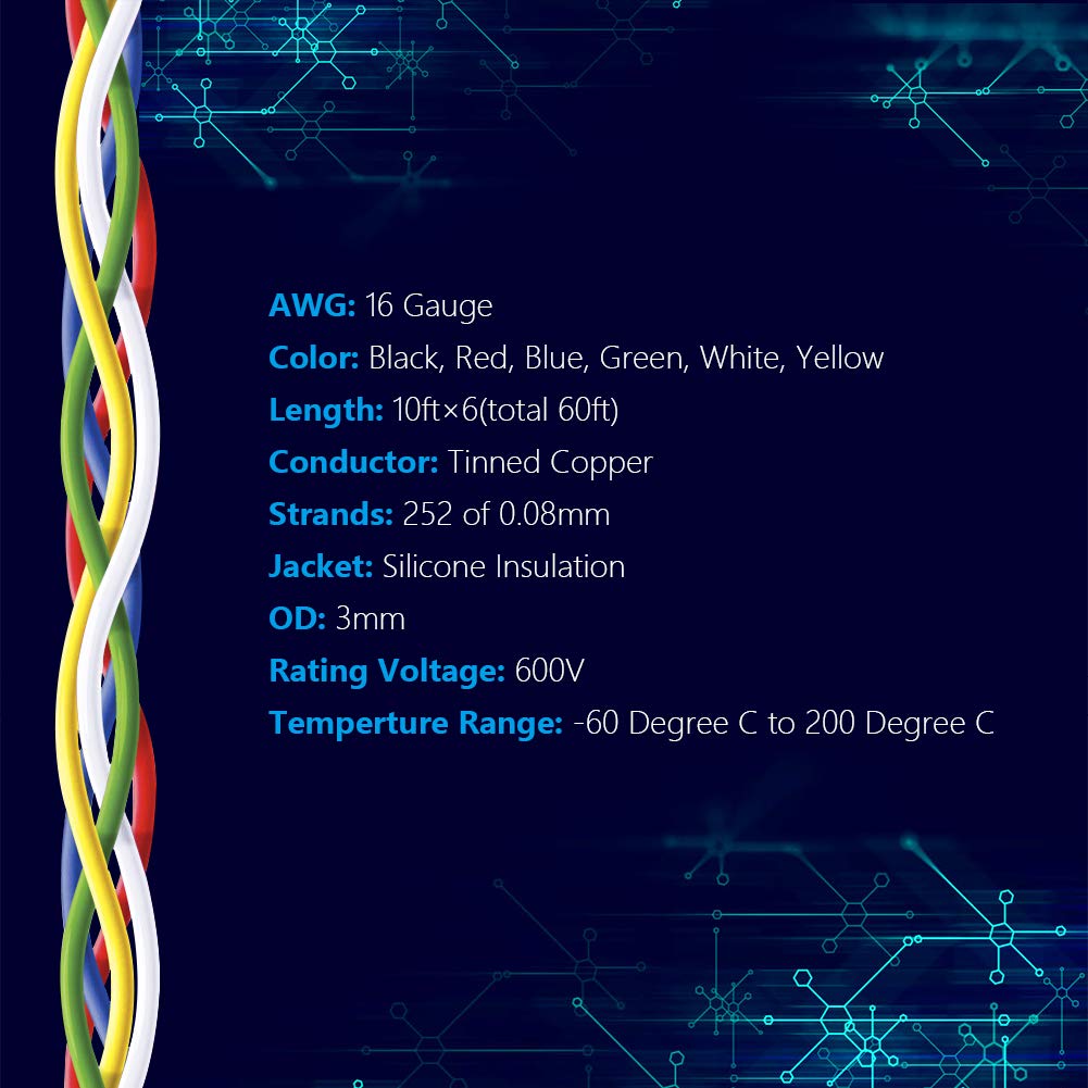 Fermerry 16 AWG Stranded Wire Spool 10ft Each 6 Colors Flexible 16 Gauge Silicone Hook up Wire Kit Electrical Tinned Copper Wire
