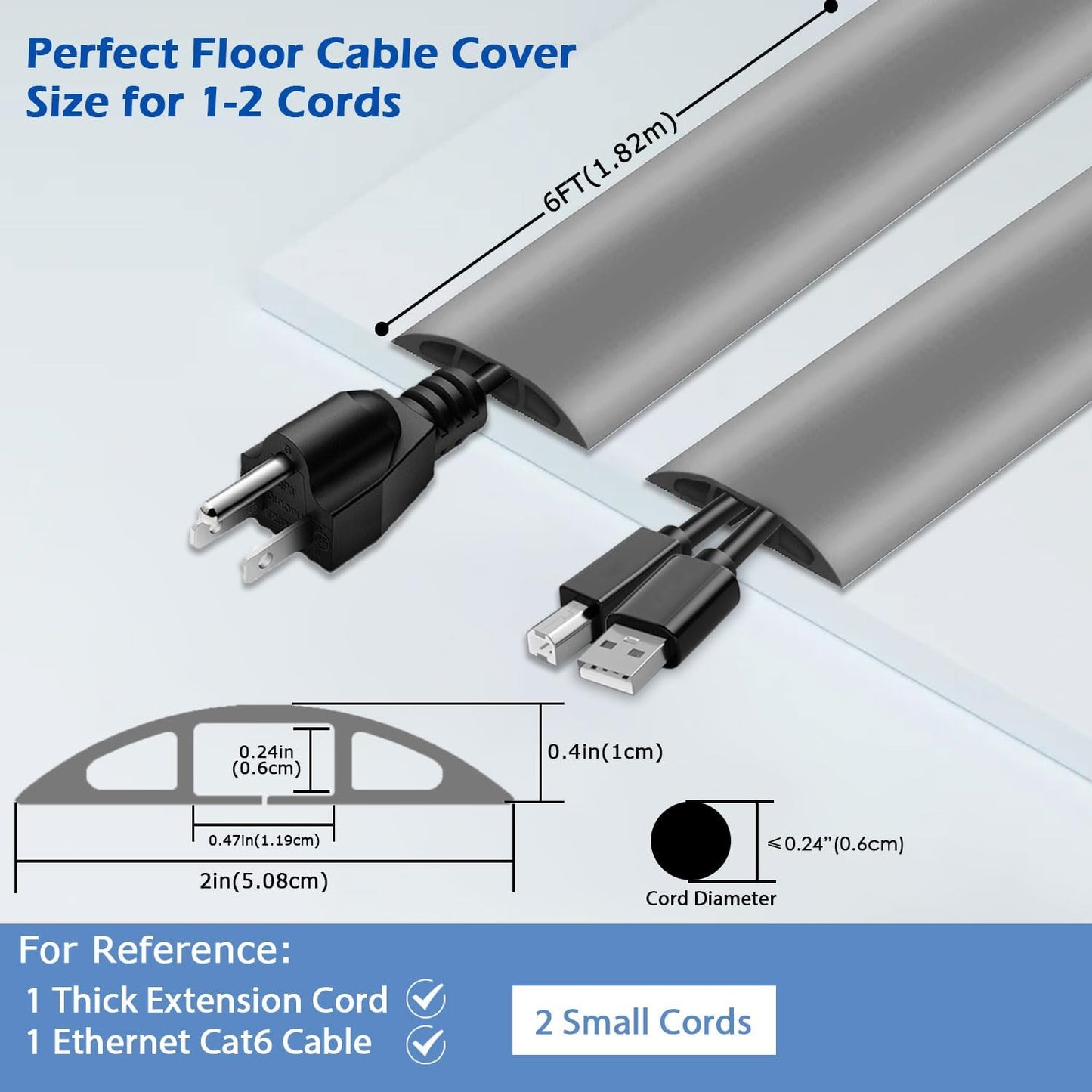 6ft Floor Cord Cover,Cord Hider Floor Gray,Extension Cable Cover Power Cord Protector Floor,Floor Cable Management Prevent Cable Trips,Cord Protector Cord Cavity:0.47" (W) x 0.24" (H)
