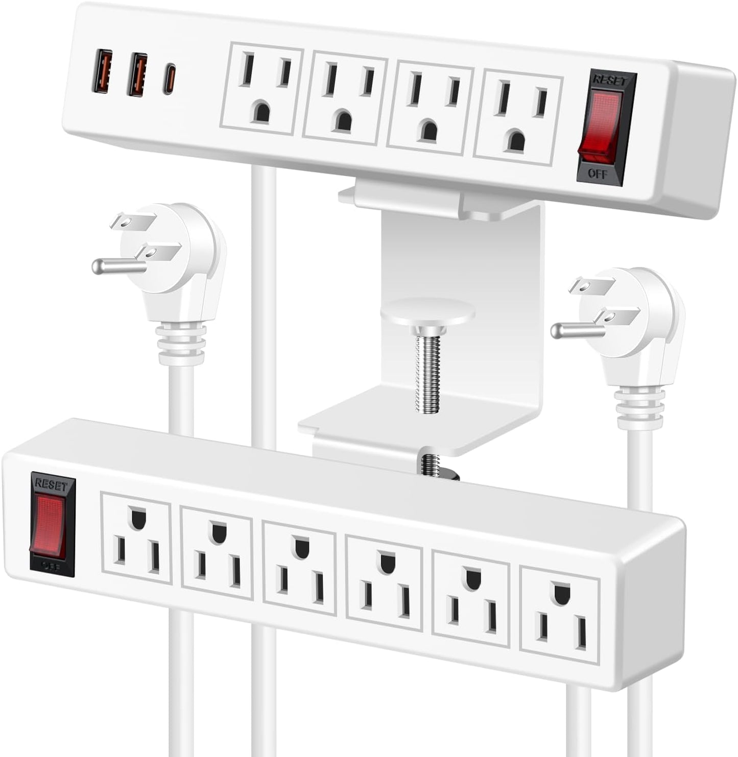 Desk Clamp Power Strip with PD20W USB-C, 2 in 1 Dual Layer Under Desk Power Strip, Removable Clamp Power Socket with 10AC Outlets & Switch, 6ft Extension Cord(ETL Listed)