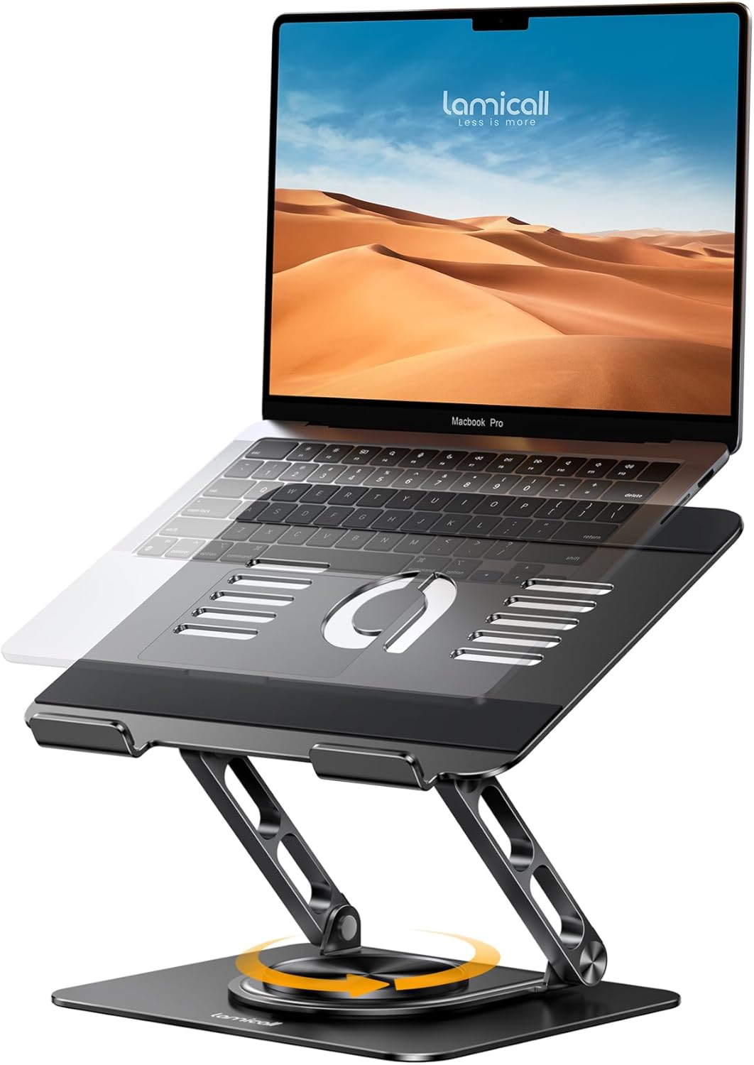 Lamicall Adjustable Laptop Stand for Desk - 360 Rotating Base Ergonomic Computer Stand, Aluminum Laptop Riser Foldable Protable for Office Home fits MacBook Air Pro, Dell, HP (10-17.3'') - Black