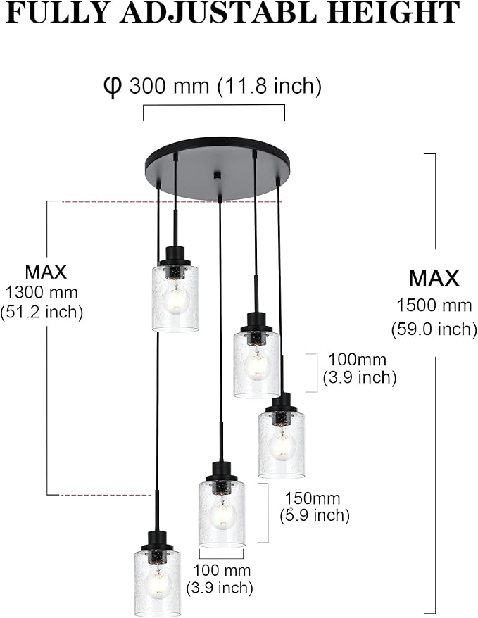 Pendant Light Fixture 5 Light Black Cluster Chandelier Seeded Glass Farmhouse Pendant Lighting for Kitchen Islands, Modern Dining Room House Foyer Entryway Bedroom Living Room Ceiling Lights