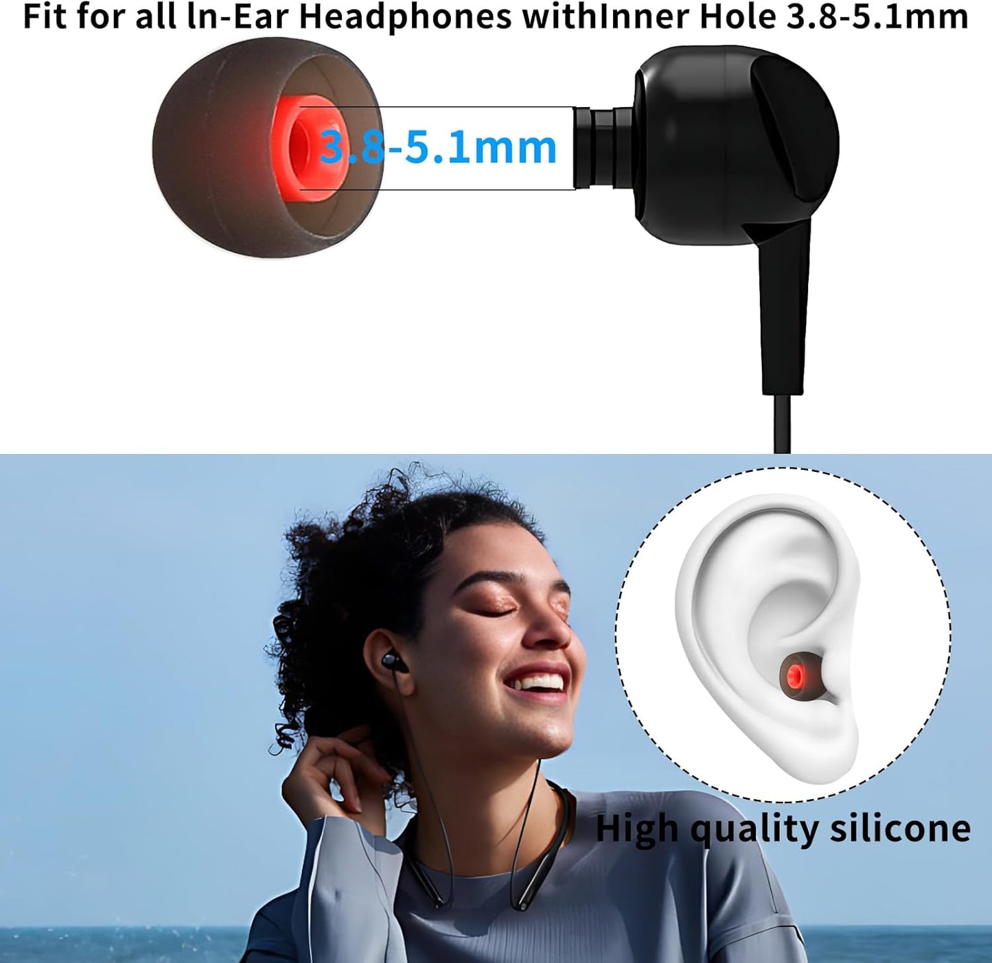 Silicone Earbud Tips Earbud Replacement Tips Eartips Fit Most in-Ear Earbuds(Inner Hole 3.8mm -5.1mm) Headphone Ear Tips Ear Bud Covers 9 Pairs S M L