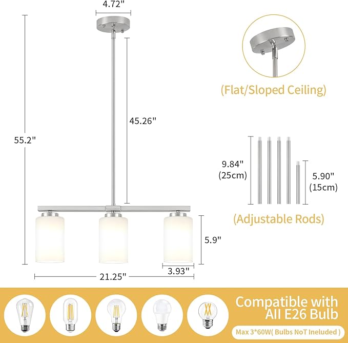 3-Light Kitchen Island Lighting, Brushed Nickel Dining Room Light Fixtures Over Table, Modern Farmhouse Chandeliers with Milky Glass Shade Pendant Light for Dining Room Kitchen Island