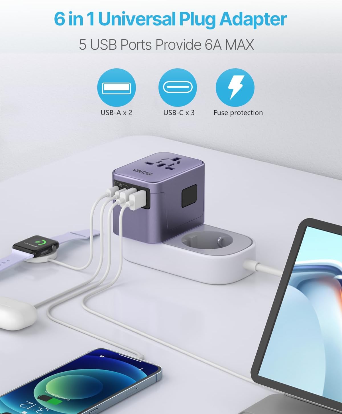Universal Travel Adapter, VINTAR International Power Adapter with 6A 3 USB C and 2 USB Ports, All in One Travel Essentials Plug Adapter, Worldwide Outlet Converter for Europe UK USA AUS(Type C/G/A/I)
